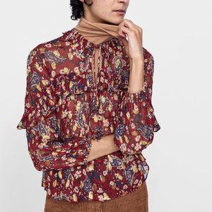 Zara RUFFLED FLORAL PRINT PAISLEY BLOUSE